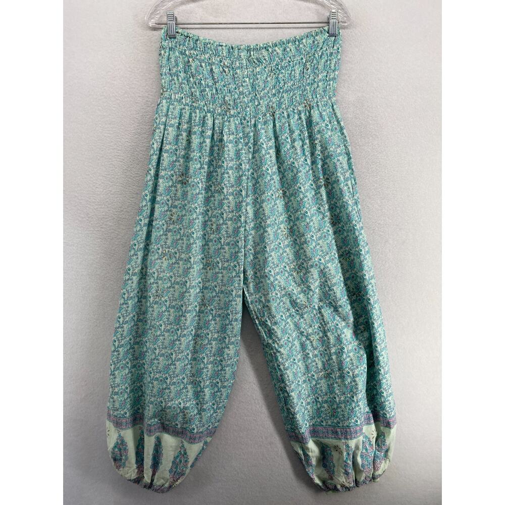 HENNA Pants OS Boho Ditsy Floral Smocked Waisted Lounge Harem Cuffed Blue